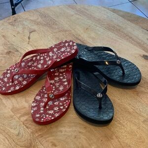 Coach Red Floral & Navy Logo-Textured Flip Flops